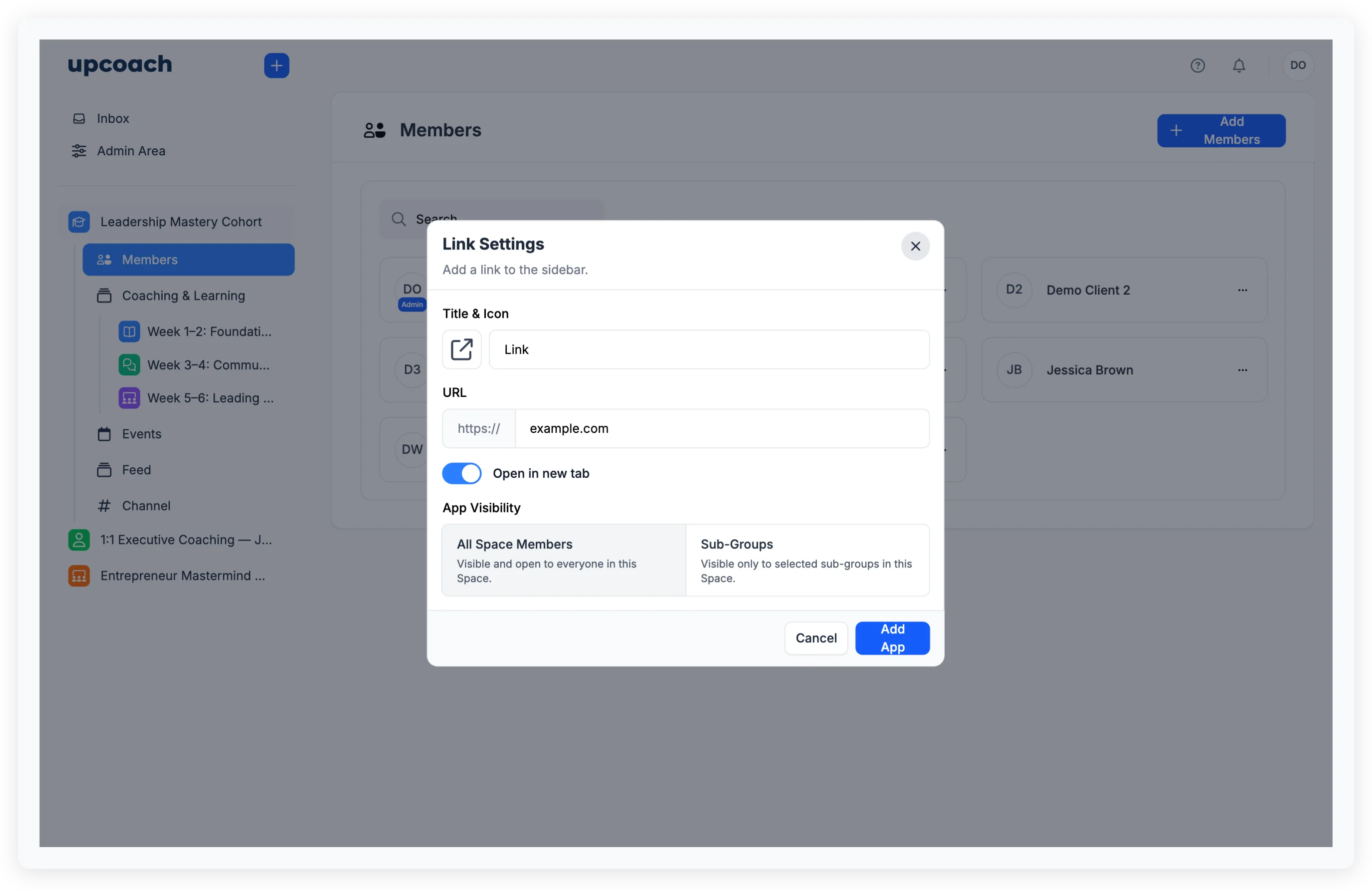 Link Settings modal showing Title & Icon, URL, Open in new tab toggle, and App Visibility options