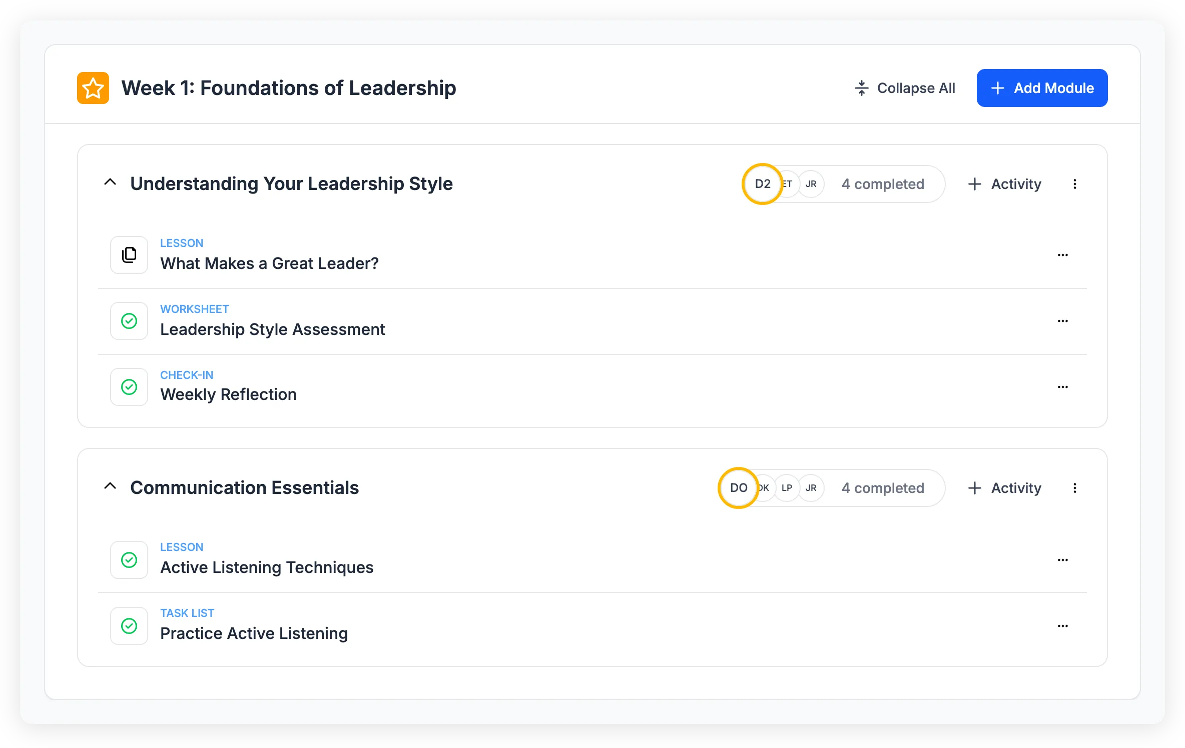 Section view showing two modules with activities (Lesson, Worksheet, Check-In, Task List) and Add Module button