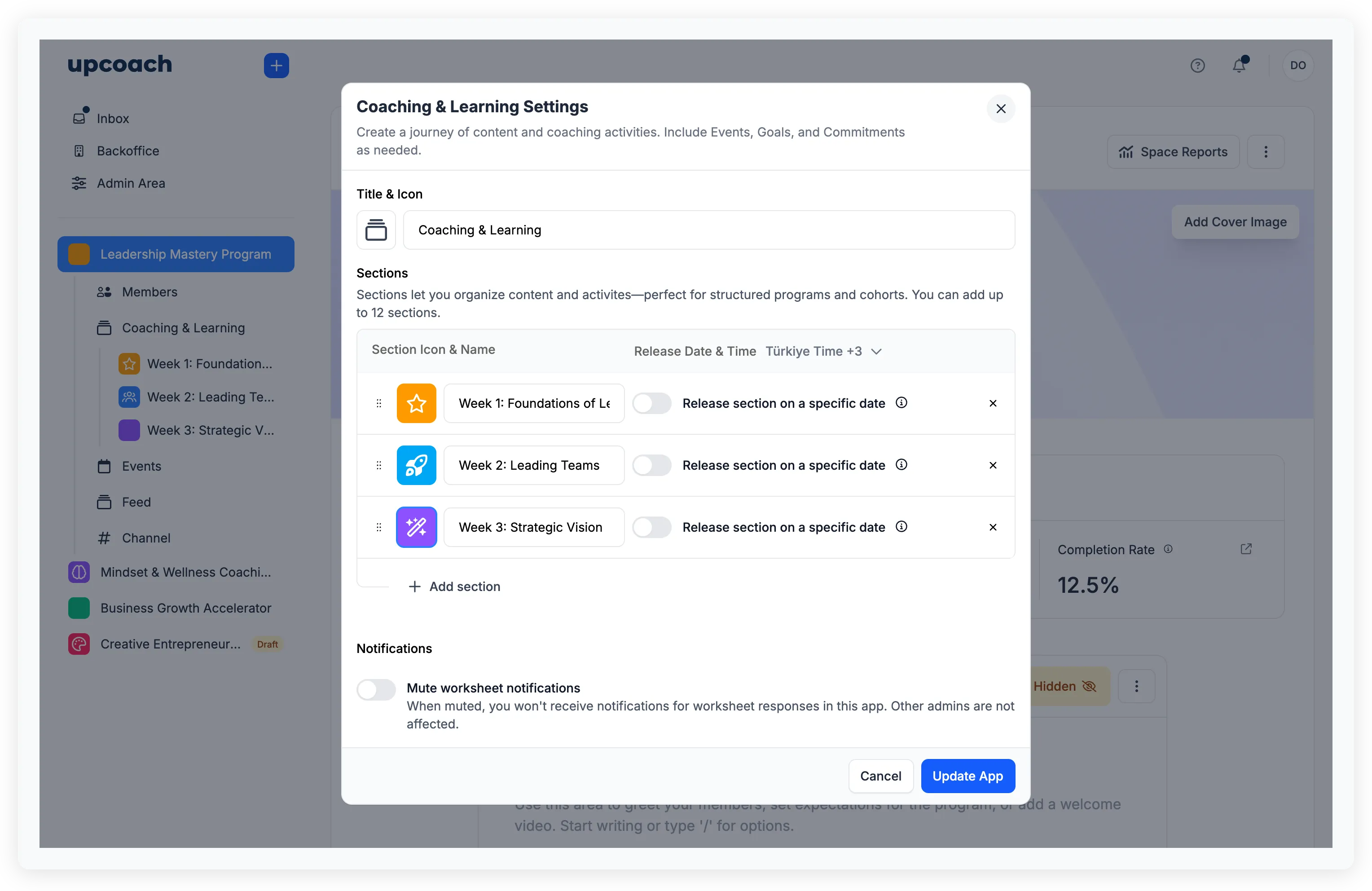 Coaching & Learning Settings showing section list with icons, names, release date toggles, and Add section button