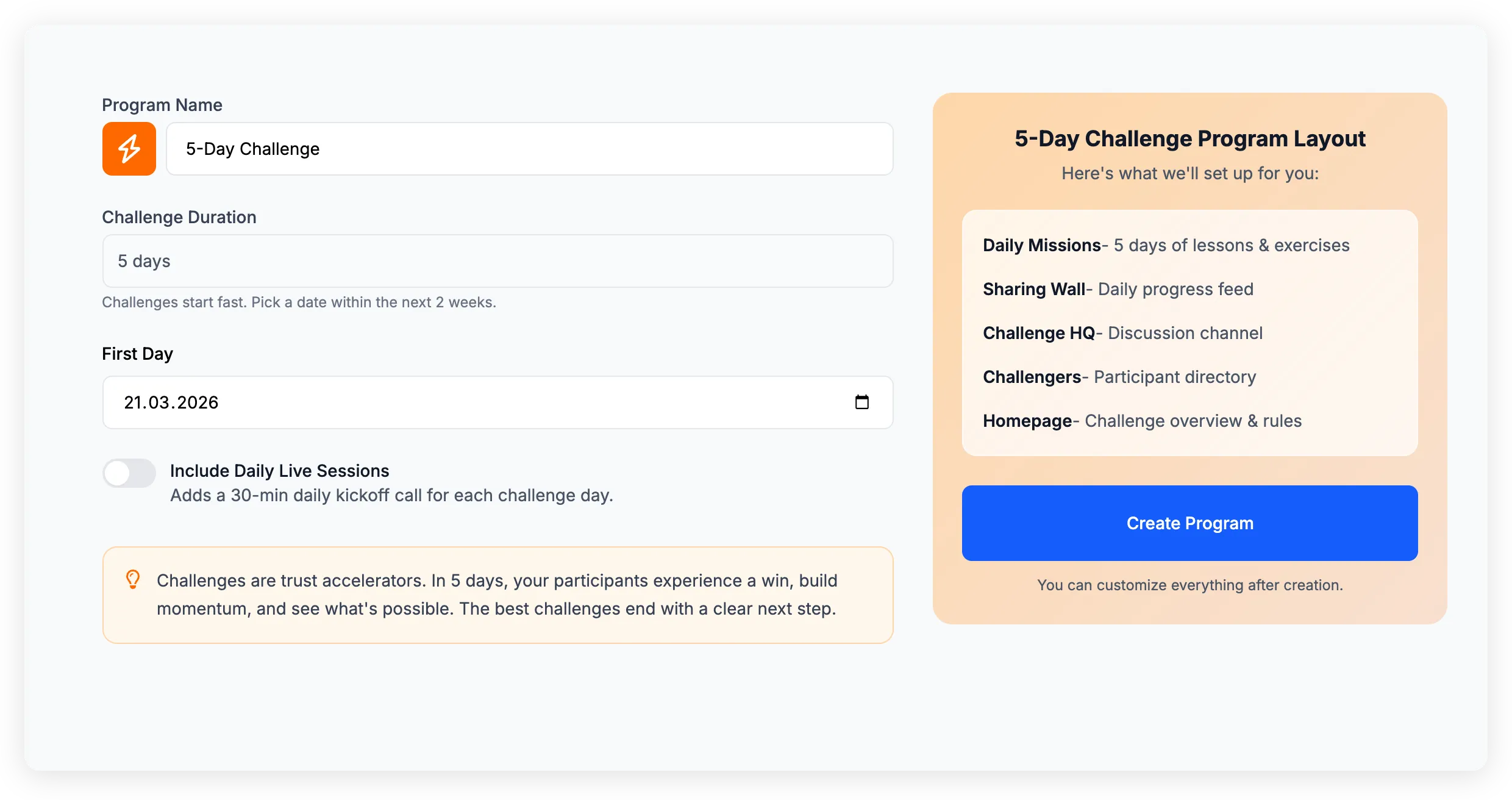 Configure step showing program name, type-specific fields on the left and a summary panel on the right