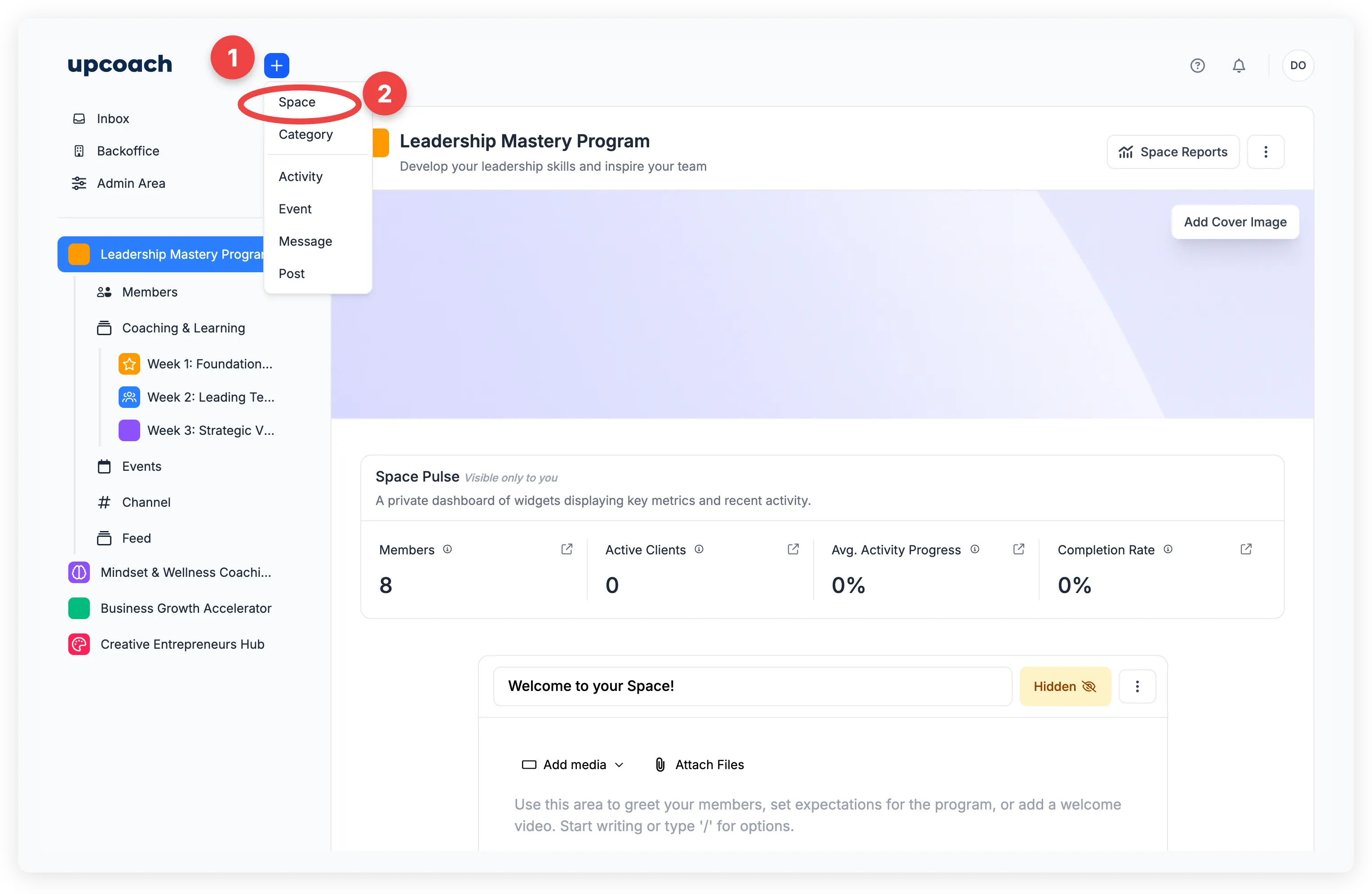 Plus button dropdown in the header showing Space, Category, Activity, Event, Message, and Post options