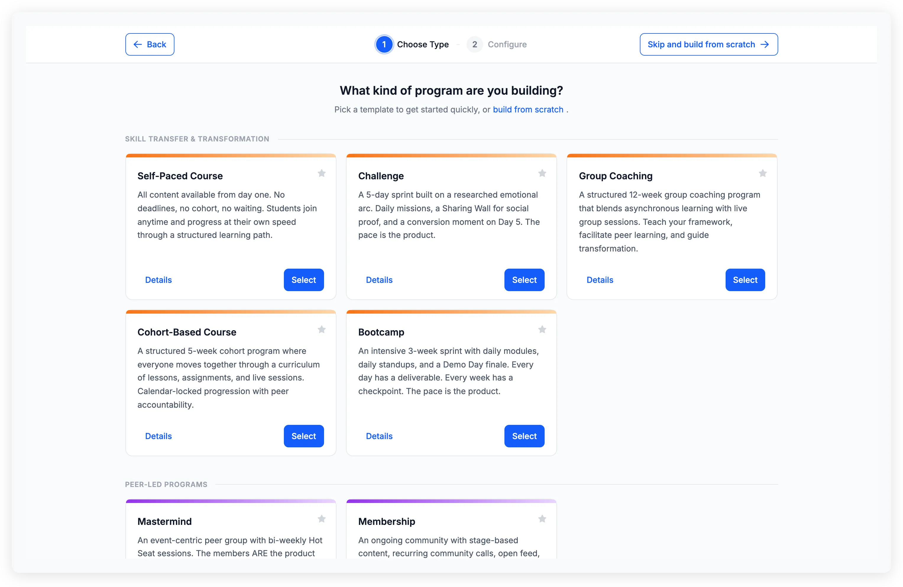 Program type gallery showing categories like Skill Transfer and Peer-Led Programs with type cards