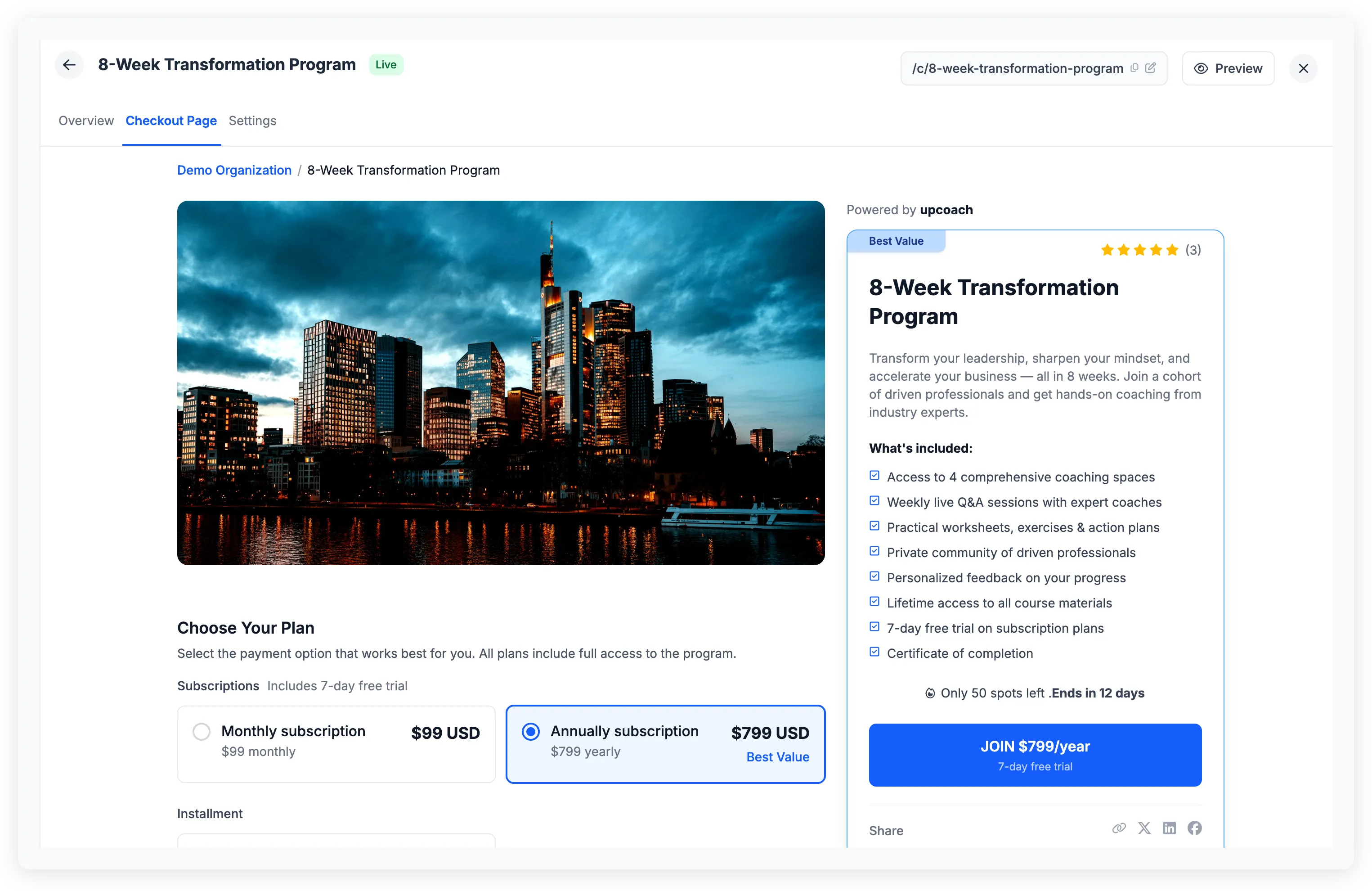 Checkout page builder showing a live preview with media, pricing options, and the checkout card sidebar
