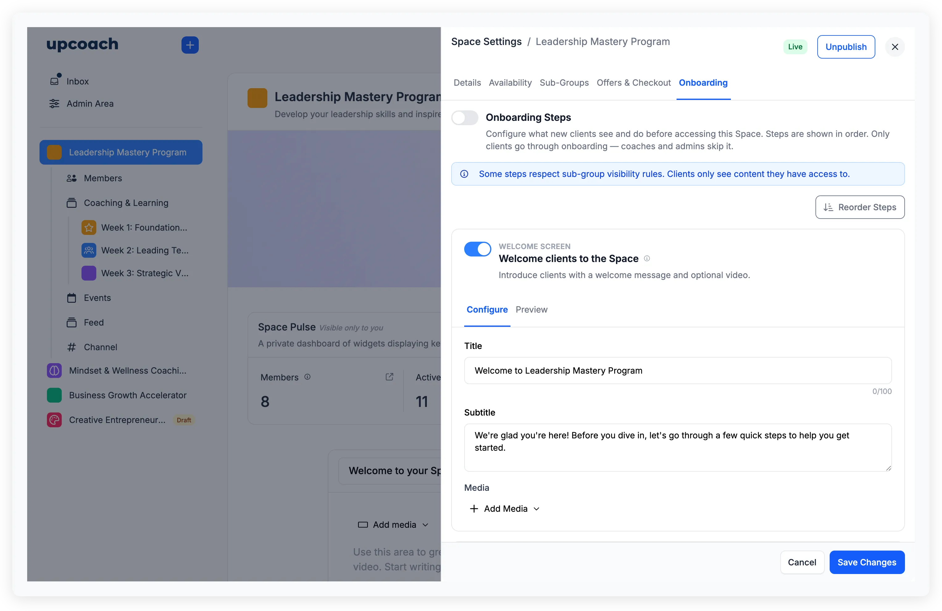 Onboarding tab showing the Welcome Screen step with title, subtitle, and media fields