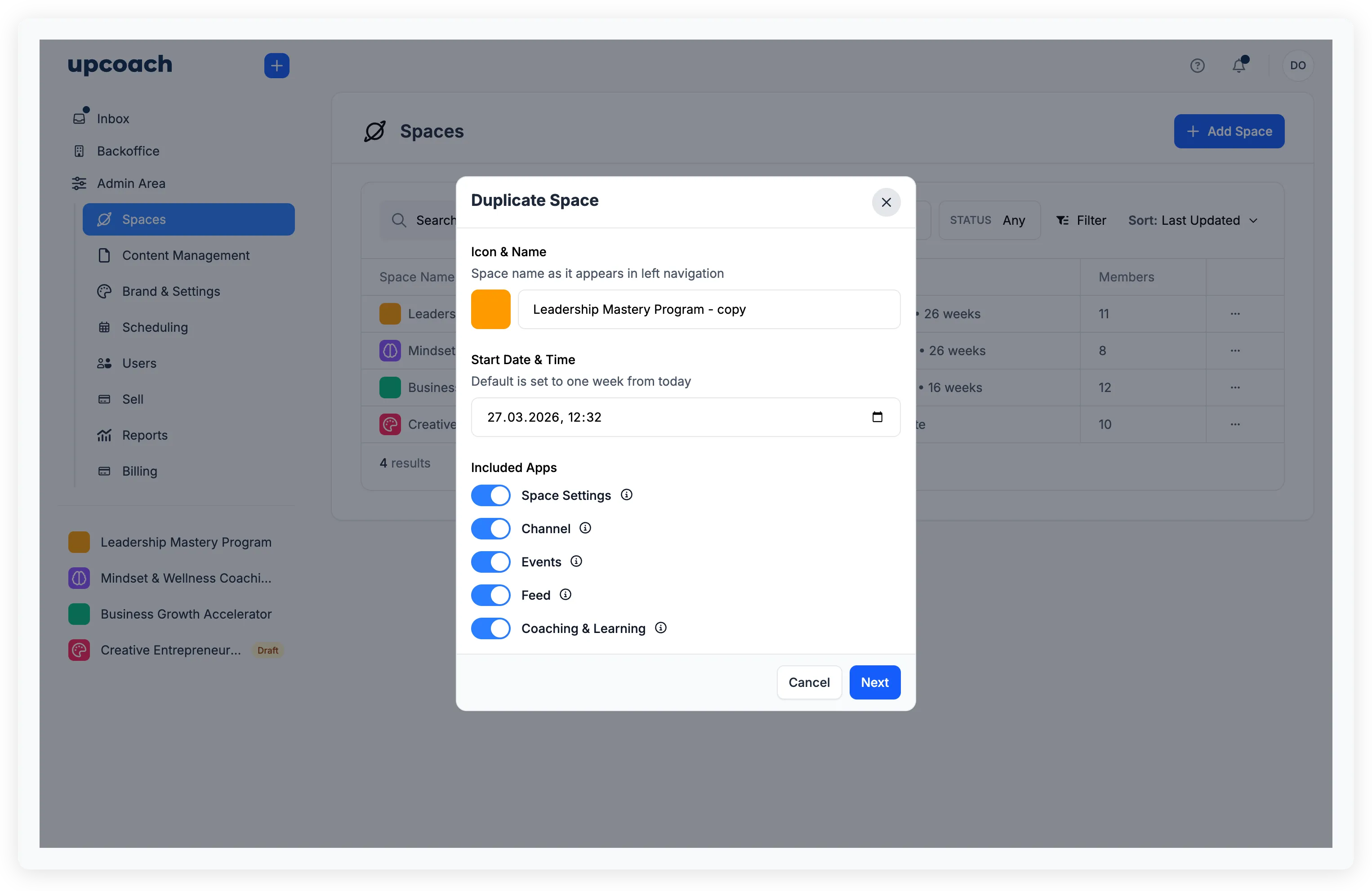 Duplicate Space modal showing Icon & Name, Start Date, and Included Apps toggles