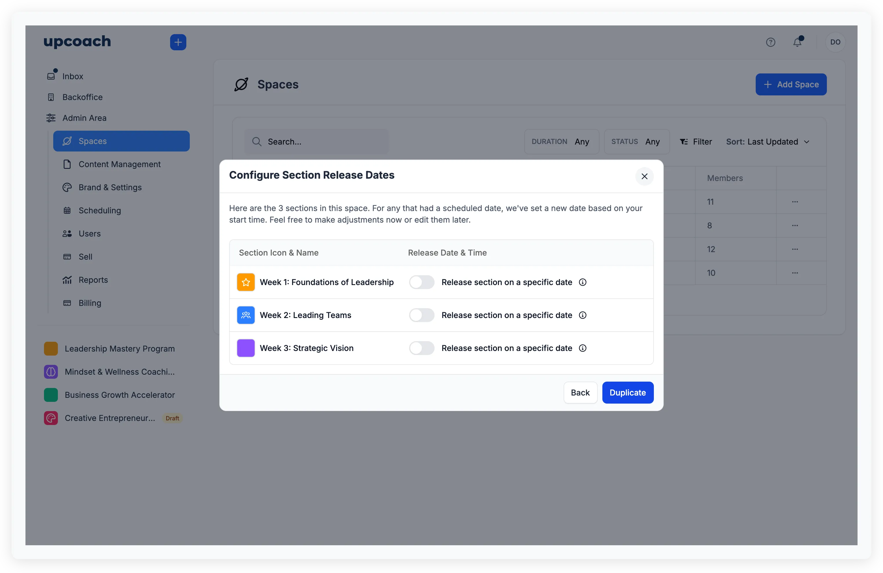 Configure Section Release Dates step showing sections with release date toggles