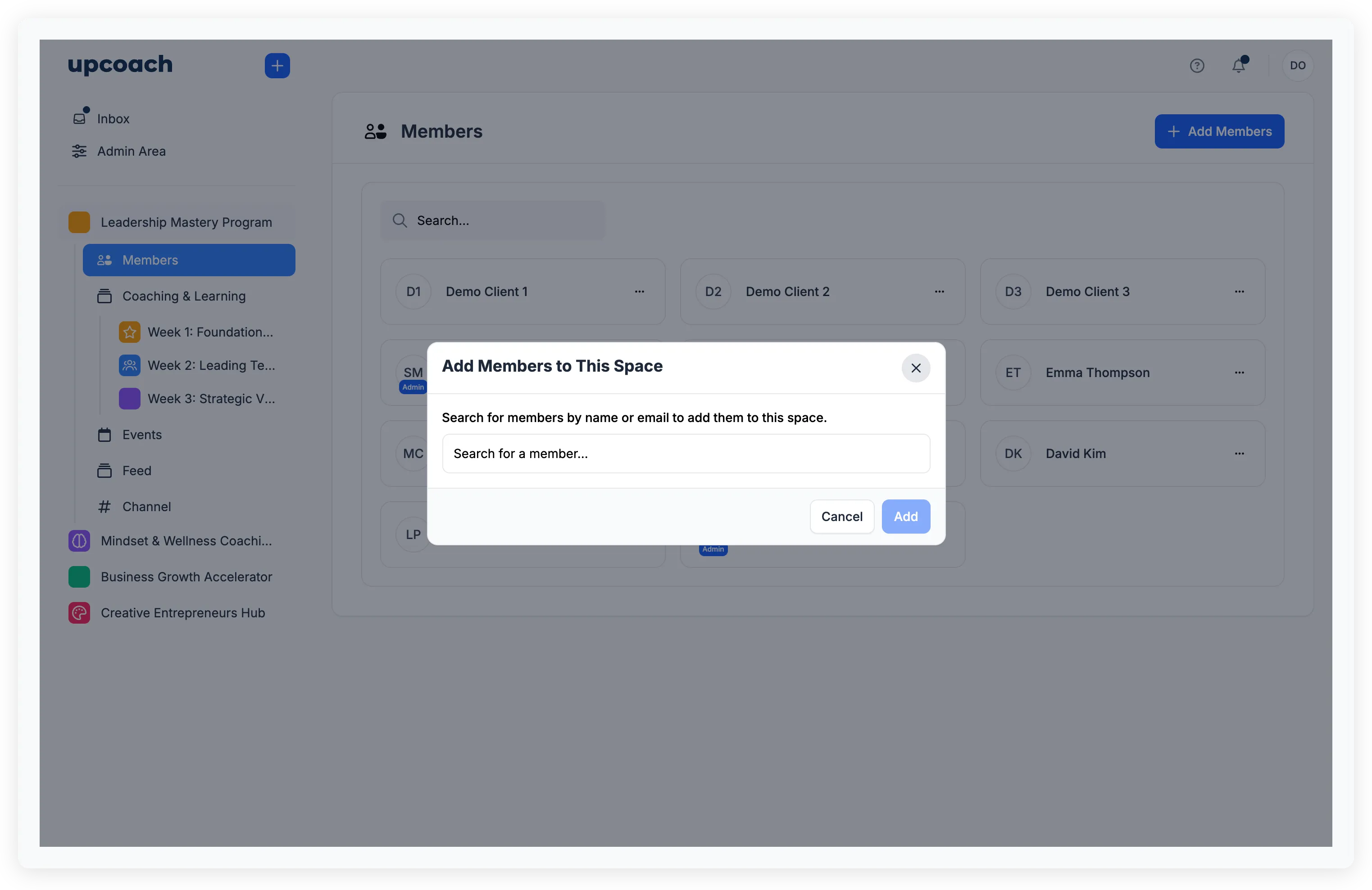 Add Members to This Space modal with search field, shown over the Members page