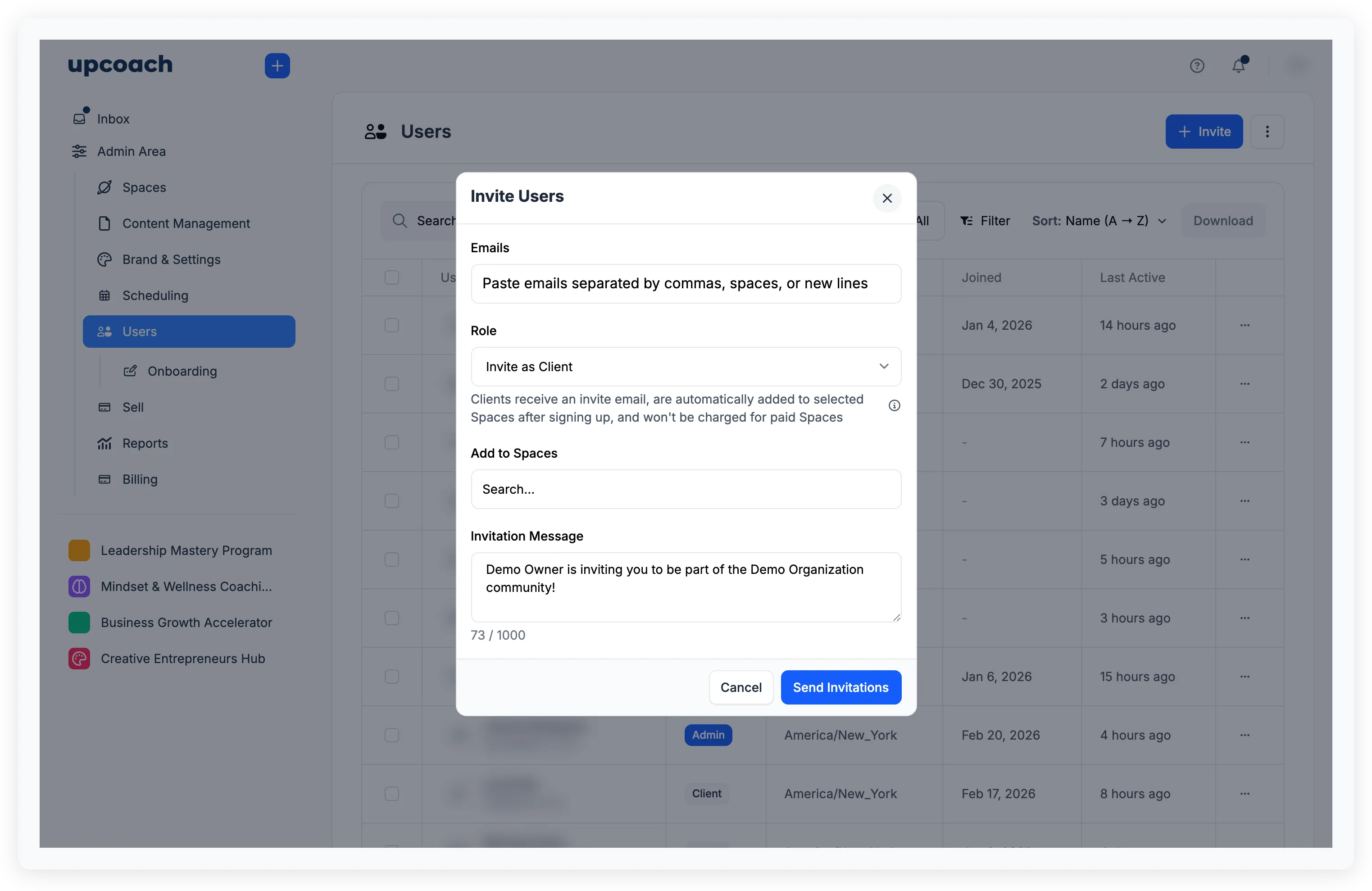 Invite Users modal showing emails, role, add to spaces, and invitation message fields