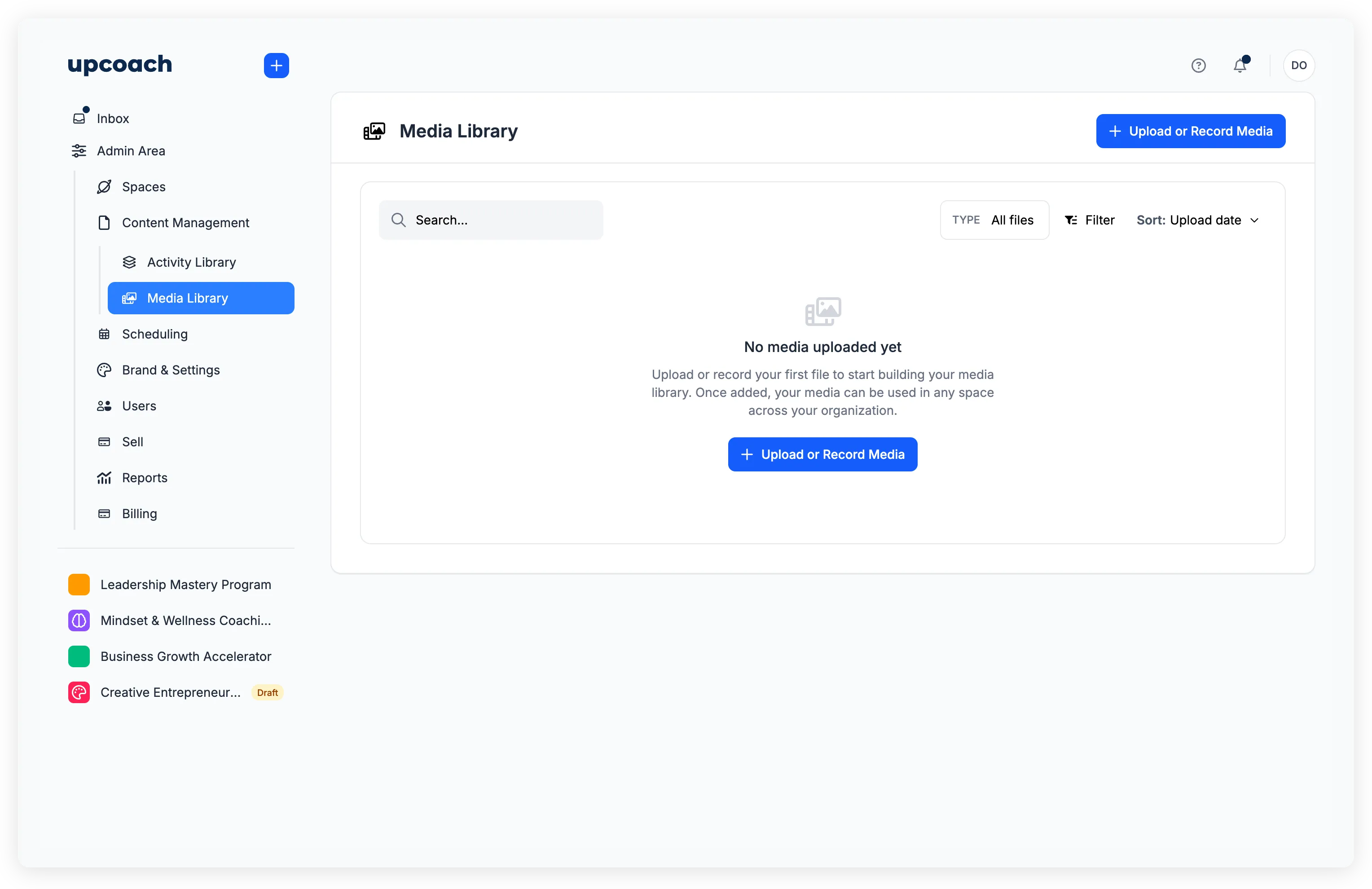 Media Library main page showing search, type filter, and Upload or Record Media button