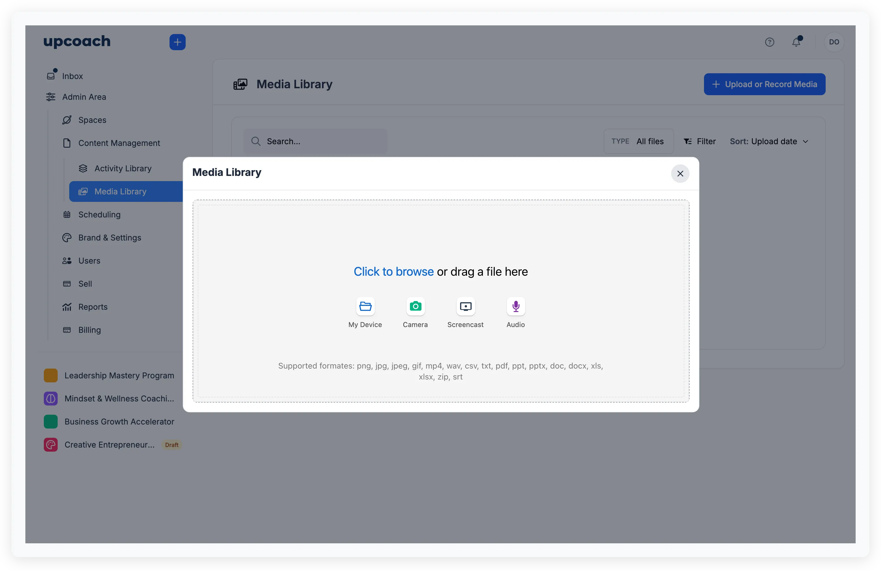 Upload modal showing drag-and-drop area with My Device, Camera, Screencast, and Audio options