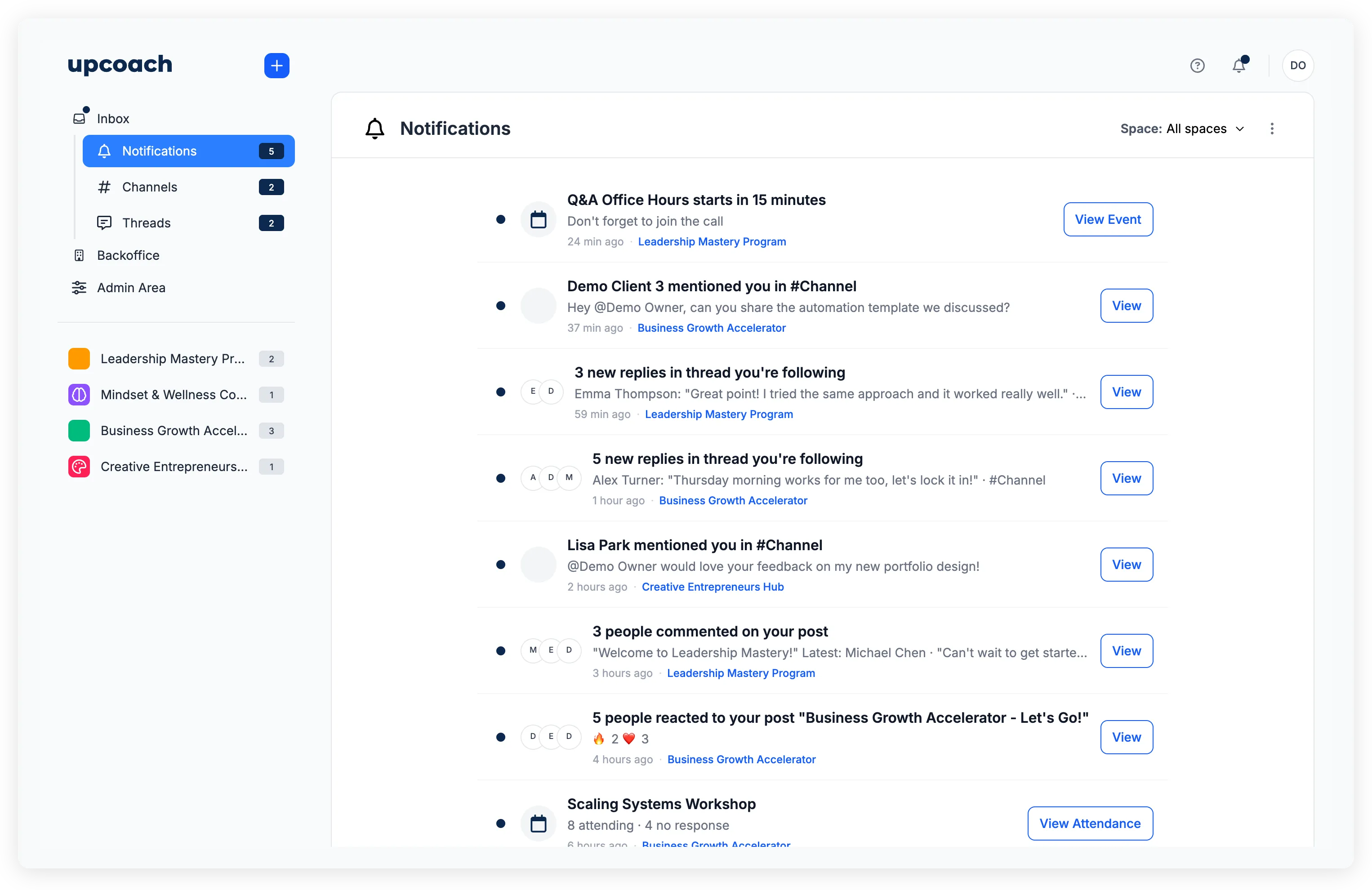 Inbox showing Notifications, Channels, and Threads sections with unread counts