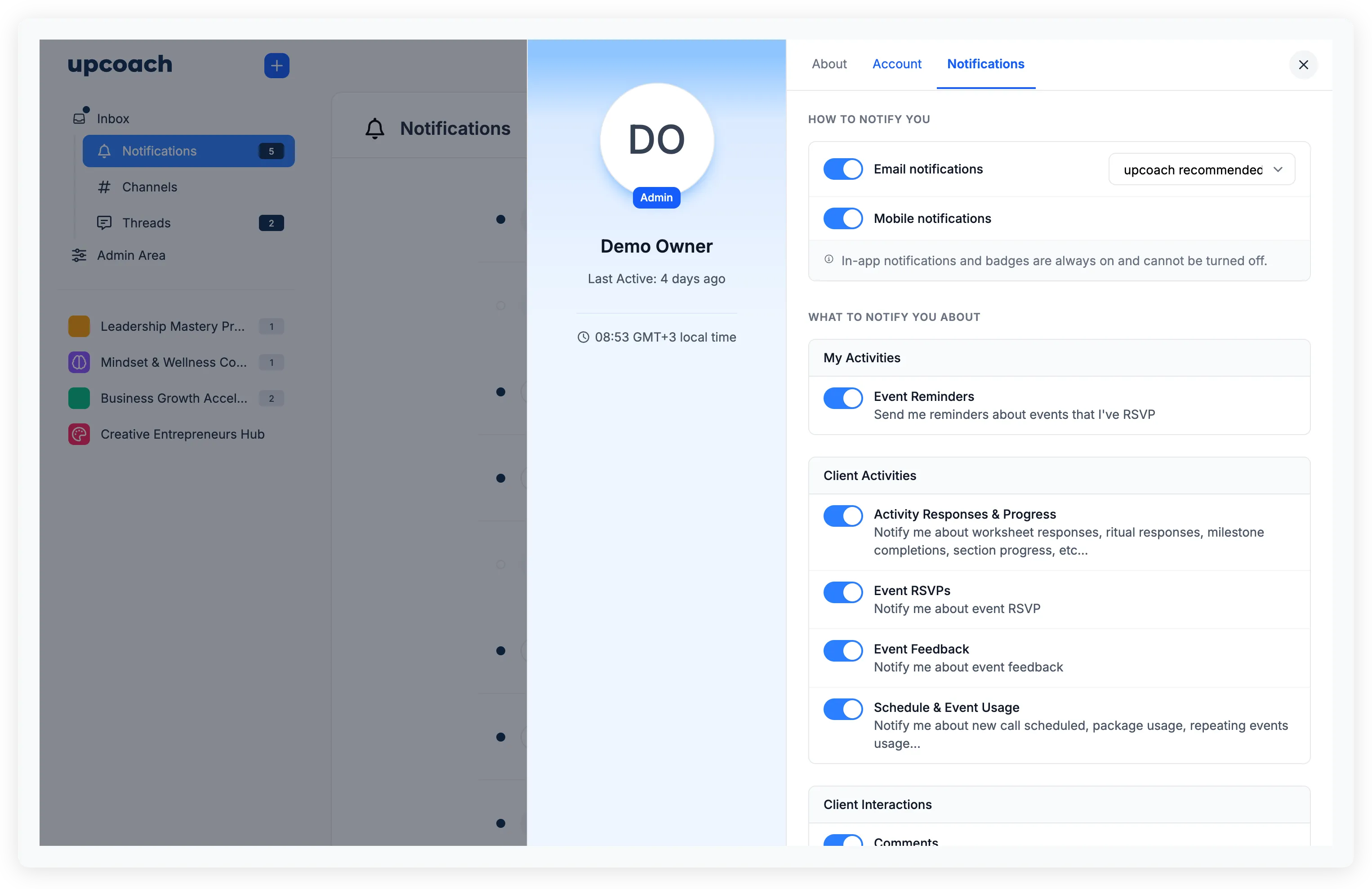 Profile panel open to the Notifications tab with delivery channels and preference categories