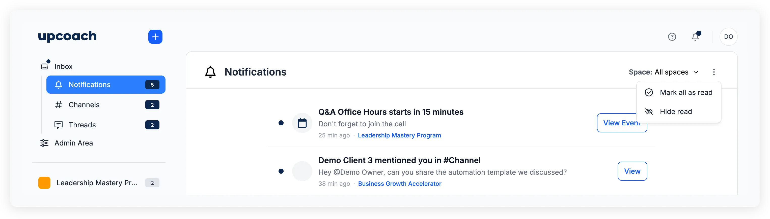 Space filter dropdown showing program list
