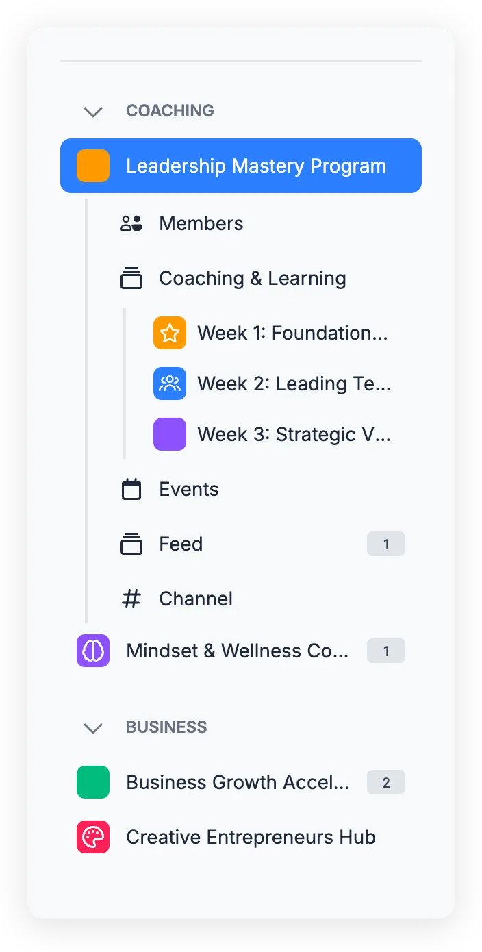 Sidebar showing two categories — Coaching and Business — with programs grouped under each