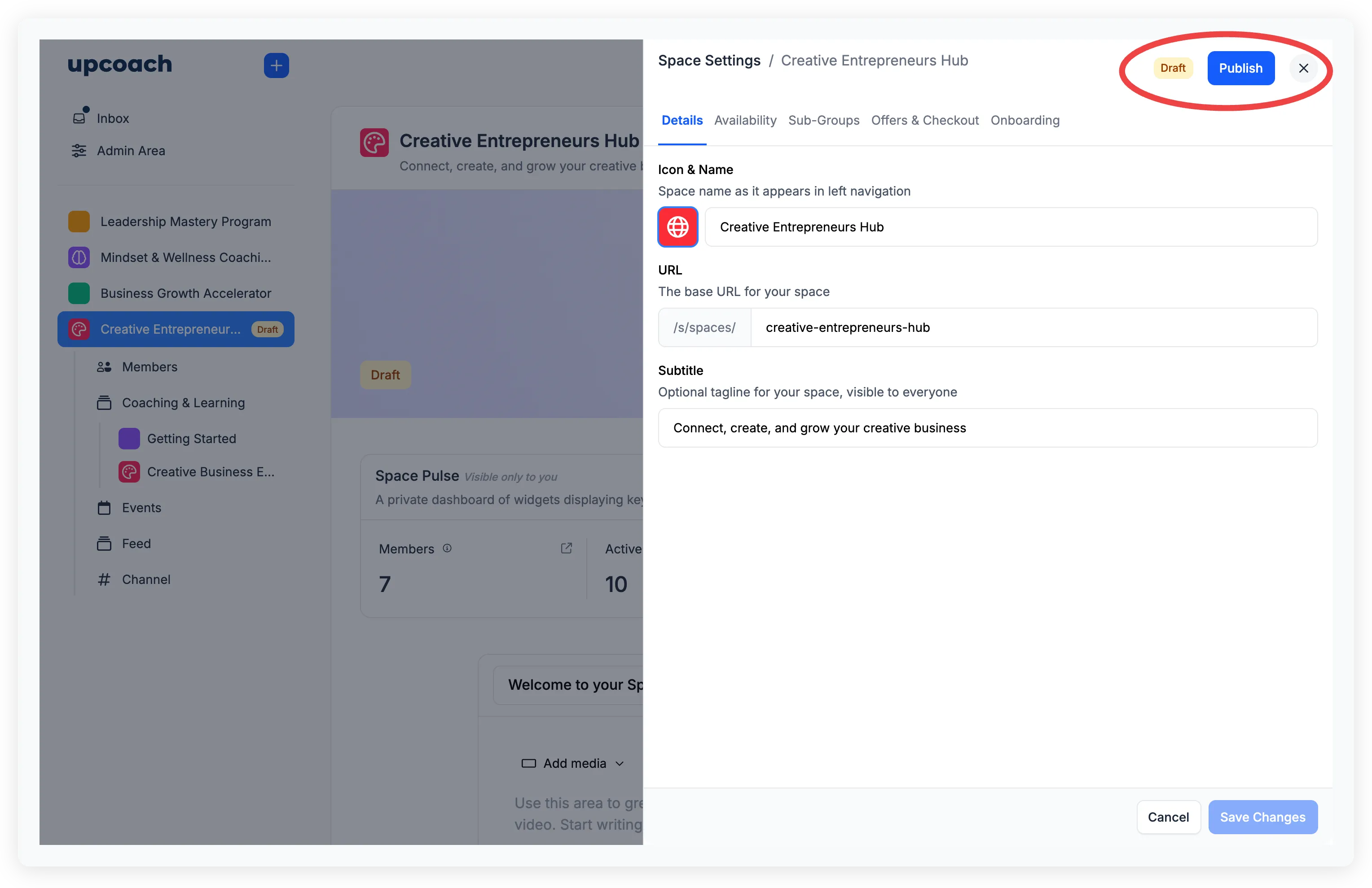Space Settings panel showing Draft badge and Publish button in the header