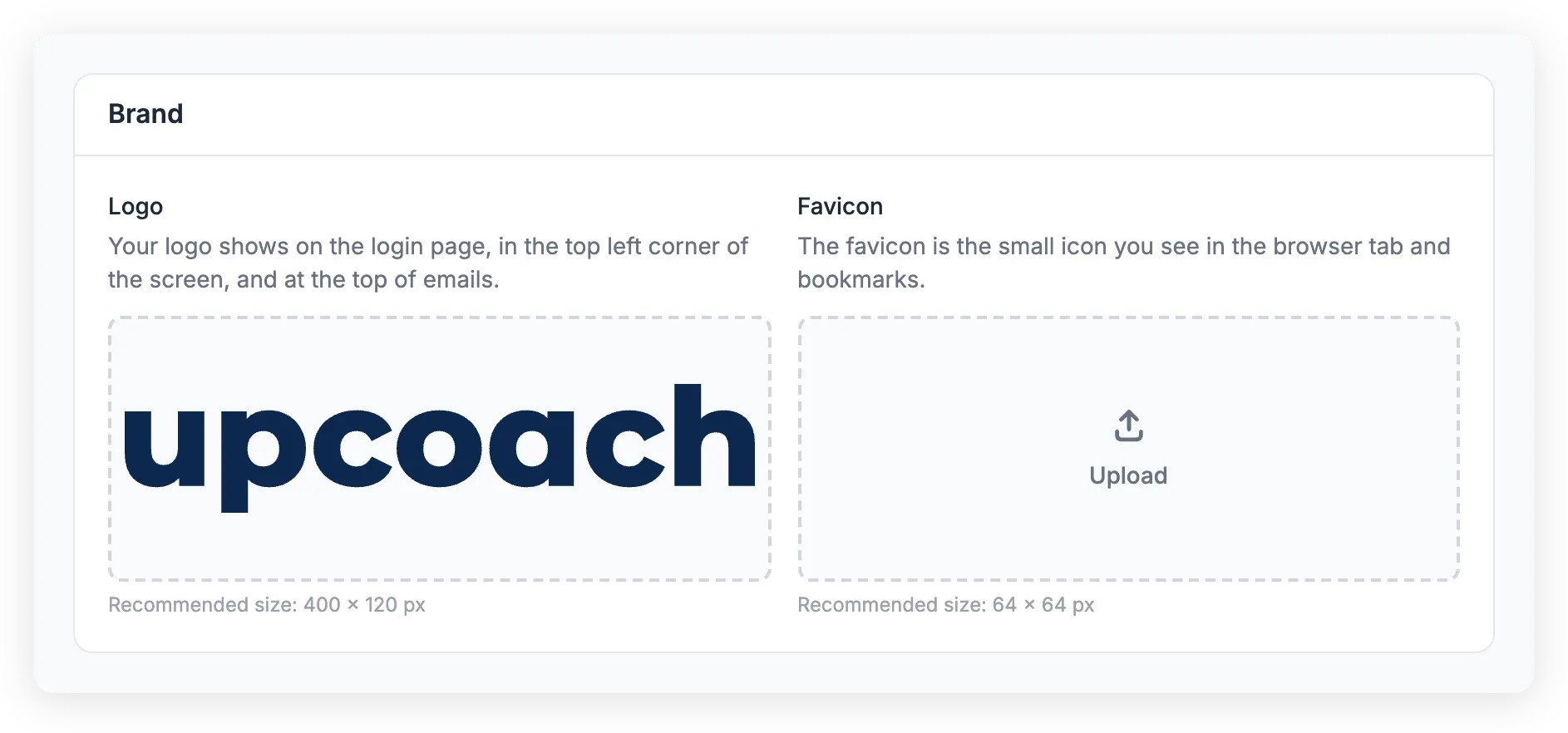 Brand card showing logo and favicon upload areas