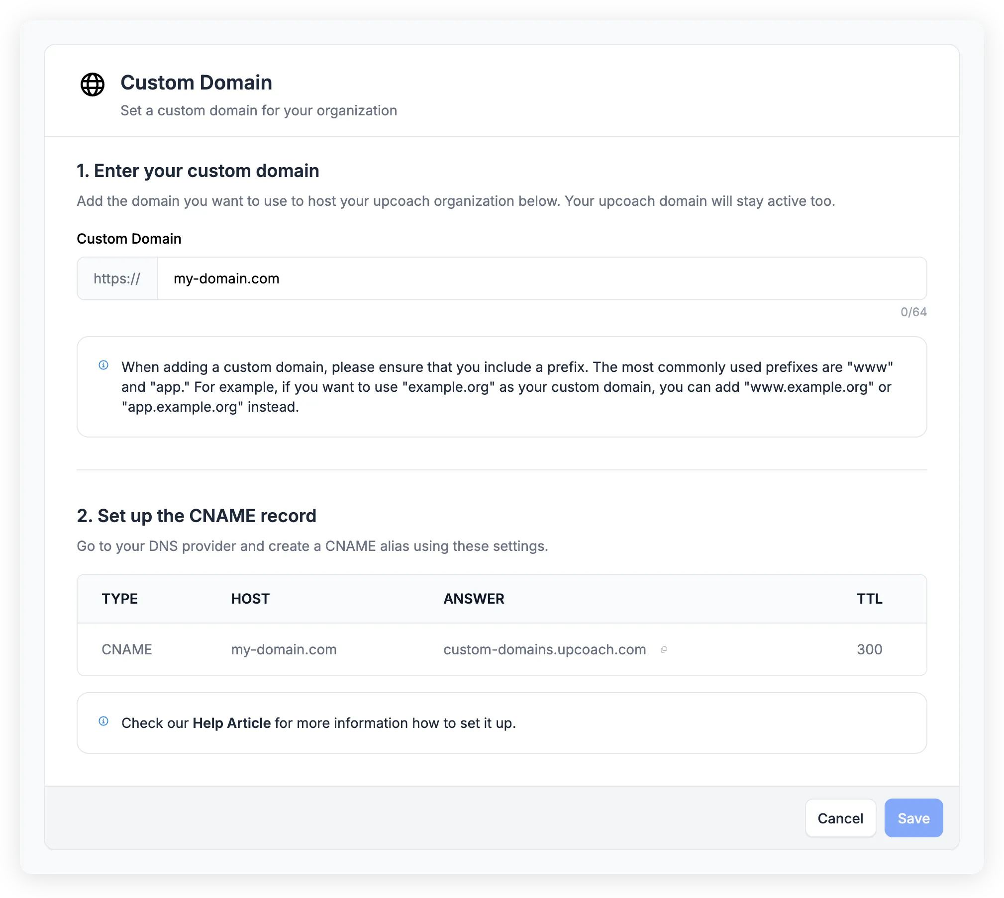 Custom Domain page showing domain input and CNAME record table