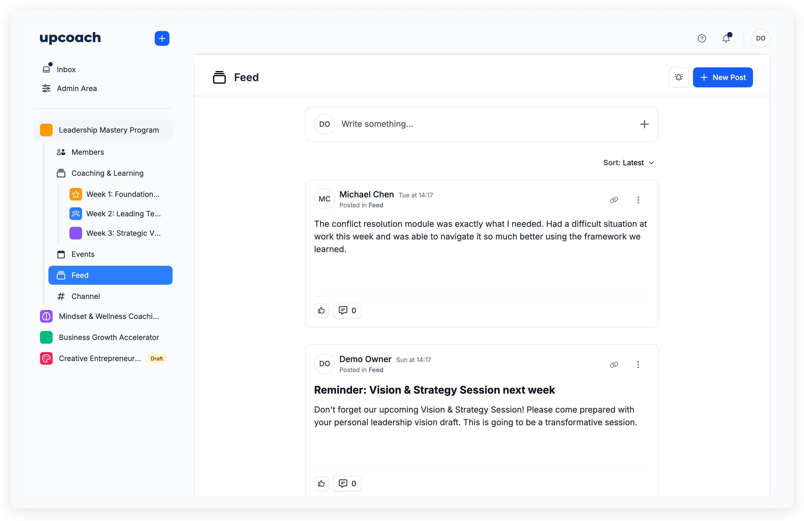 Feed showing posts with Write something input, New Post button, and Sort dropdown