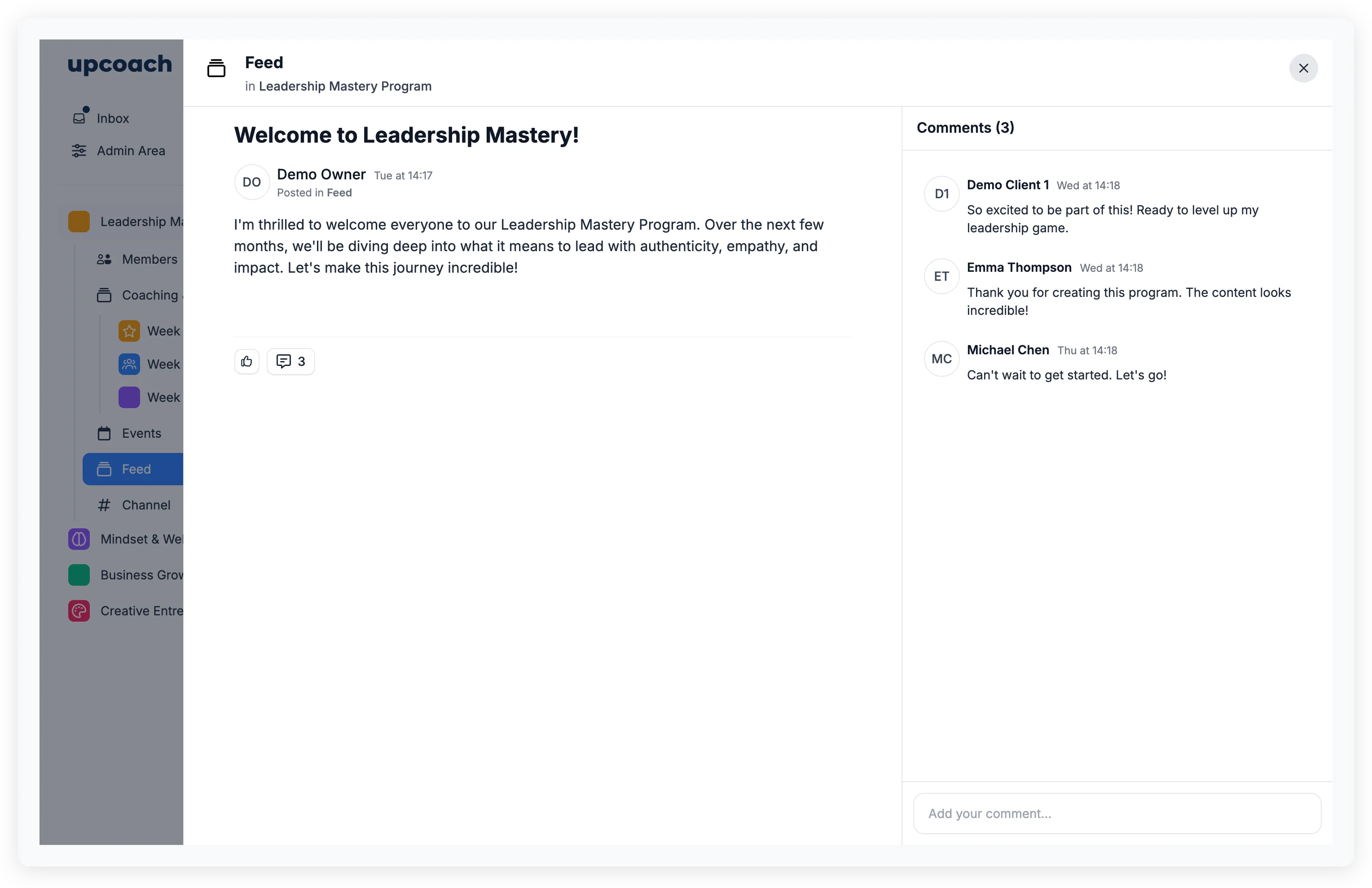 Feed post with comments panel showing participant responses