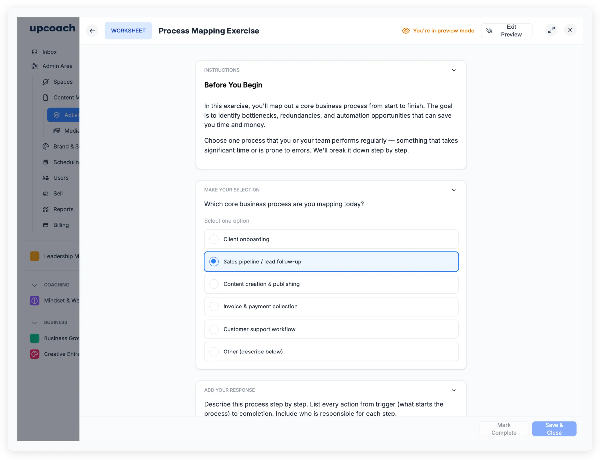 Participant view of a worksheet in preview mode showing instructions, a single select question with an option selected, and an open ended question
