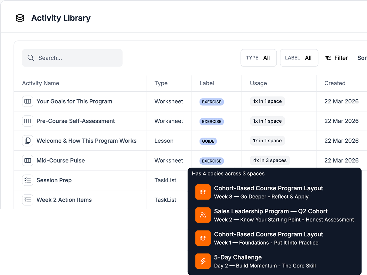 Activity library showing available activity types