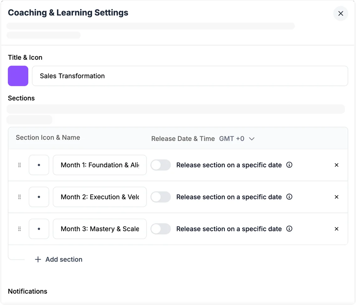 Program section management with drag-and-drop content organisation