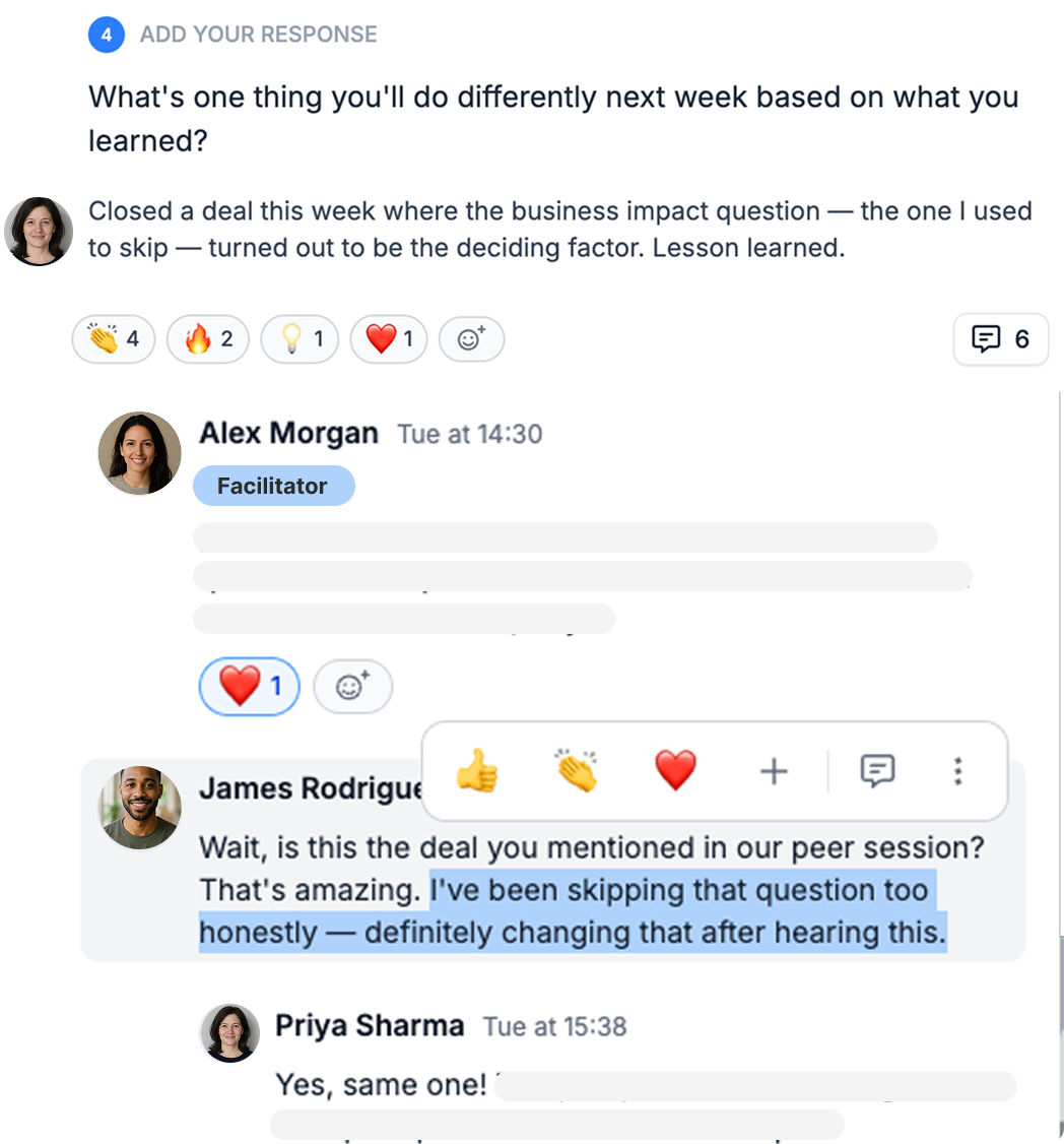 Check-in responses with comments and reactions