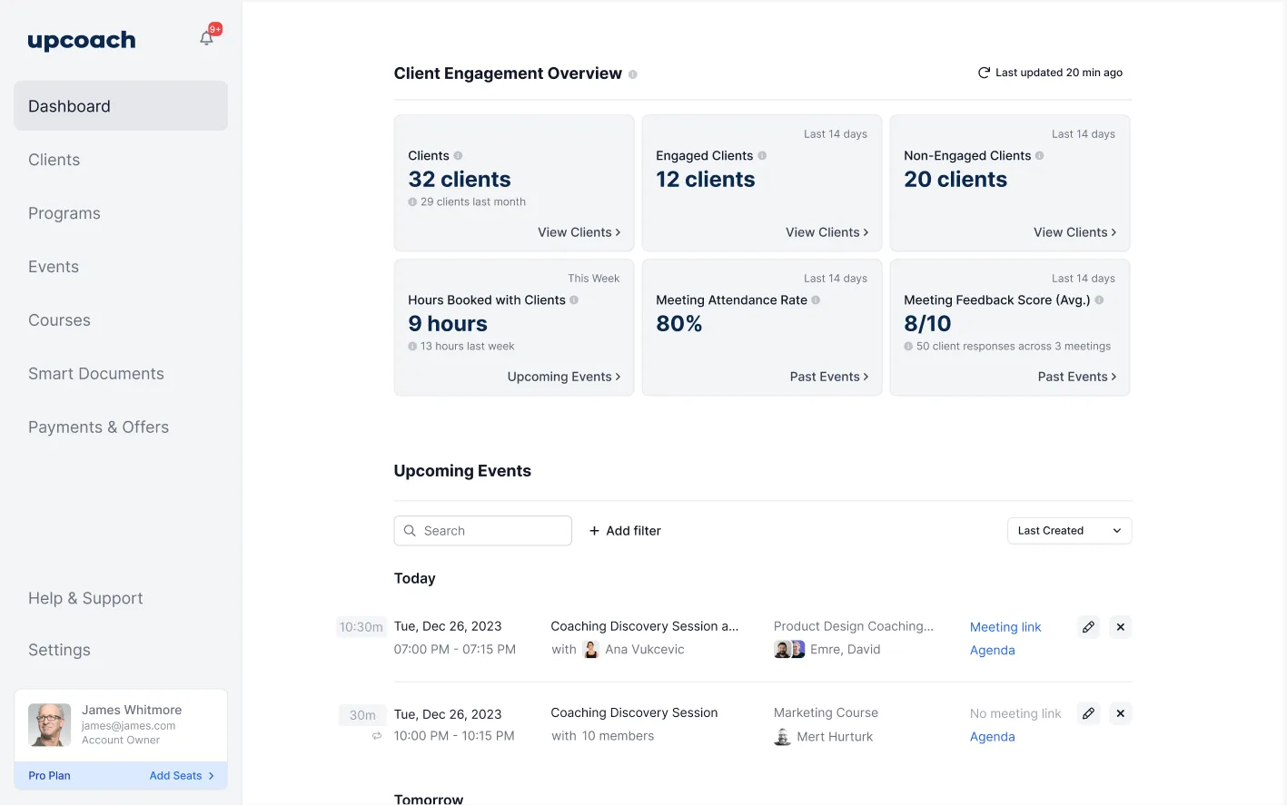 Agency client dashboard in upcoach